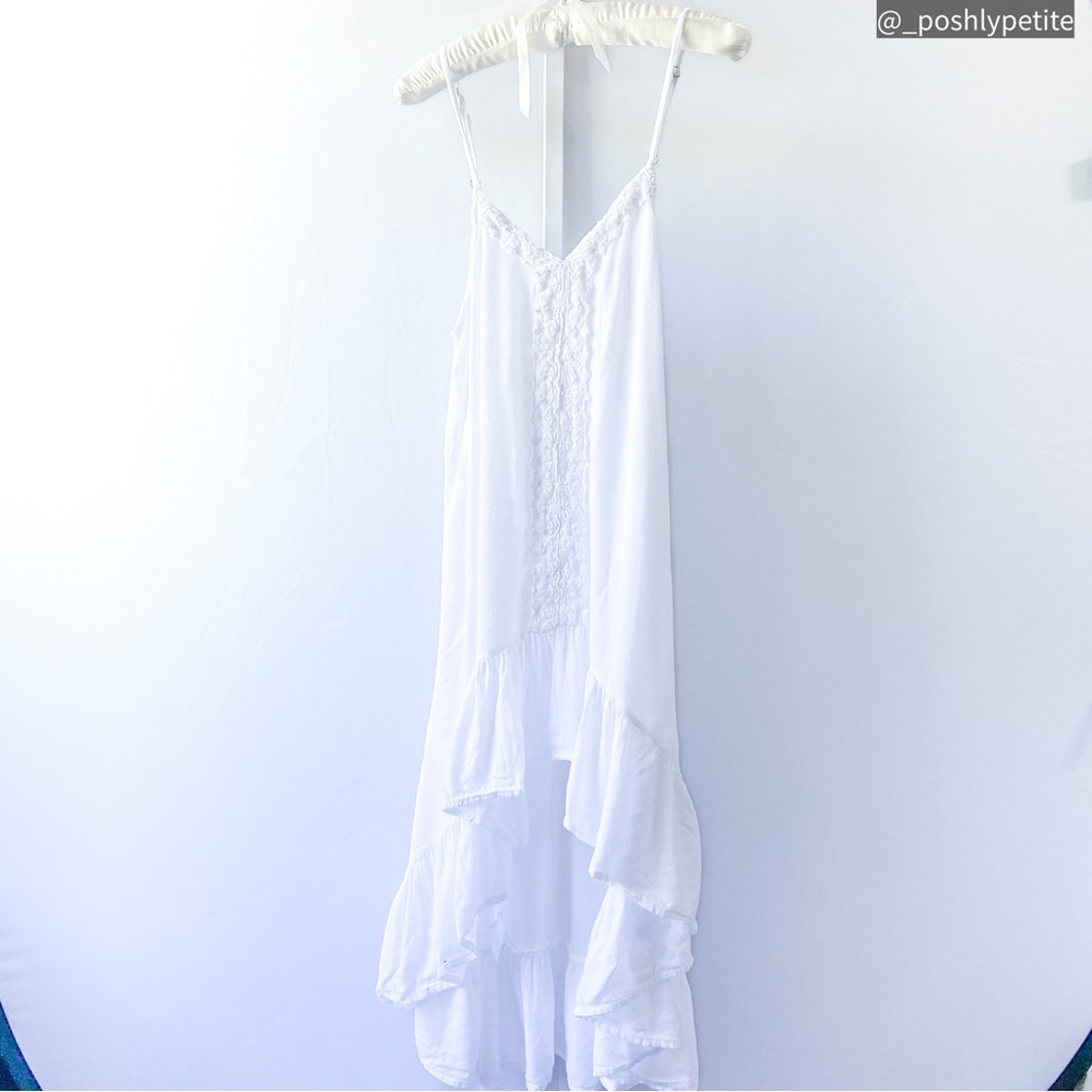 White boho crochet sleeve less sphagetti strap  high low ruffle maxi dress